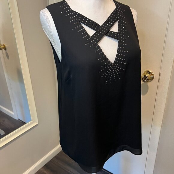 BCBGMaxAzria Black Joline Studded Crisscross Sleeveless Blouse, Size Small - Picture 6 of 15